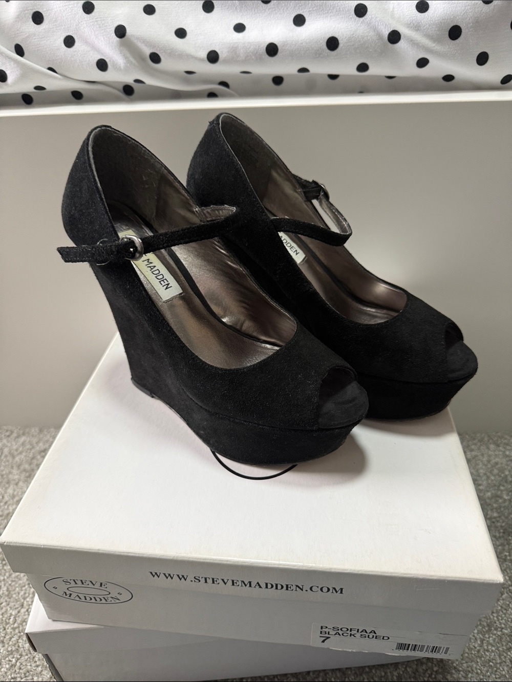 Steve Madden Black Suede Mary Jane Wedge Heels - Sofiaa